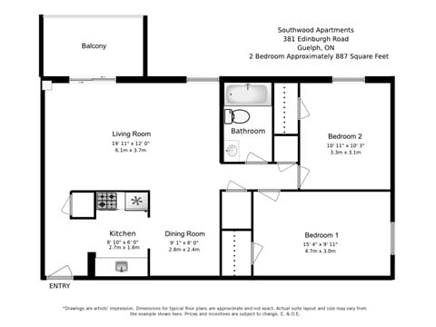 Floor plan for 2 beds, 1 bath, 890 sqft