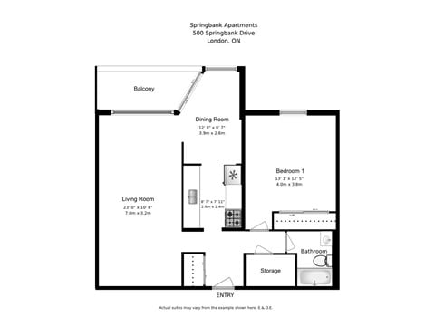 Floor plan for 1 bed, 1 bath, 874 sqft