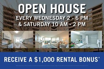 London apartment for rent - A flyer advertises open house events on Wednesdays and Saturdays, along with a $1,000 rental bonus.