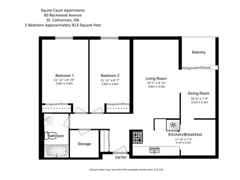 Floor plan for 2 beds, 1 bath, 913 sqft