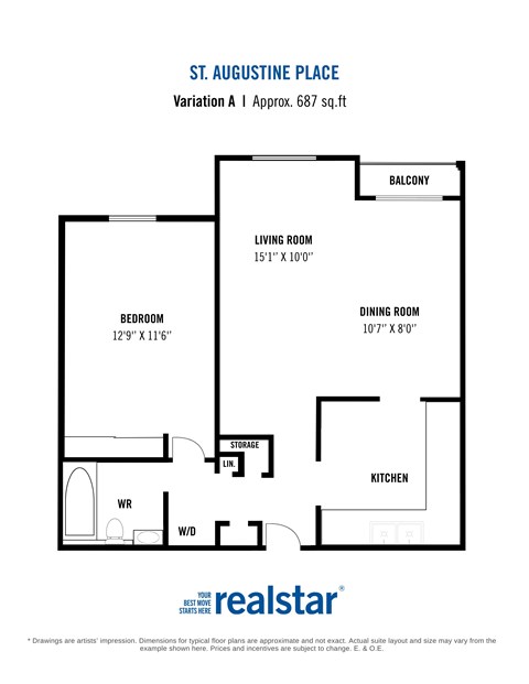 Floor plan for 1 bed, 1 bath, 687 sqft