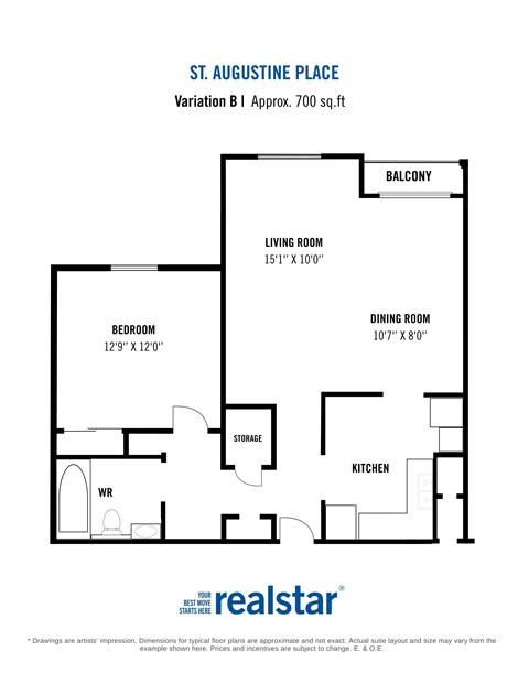 Floor plan for 1 bed, 1 bath