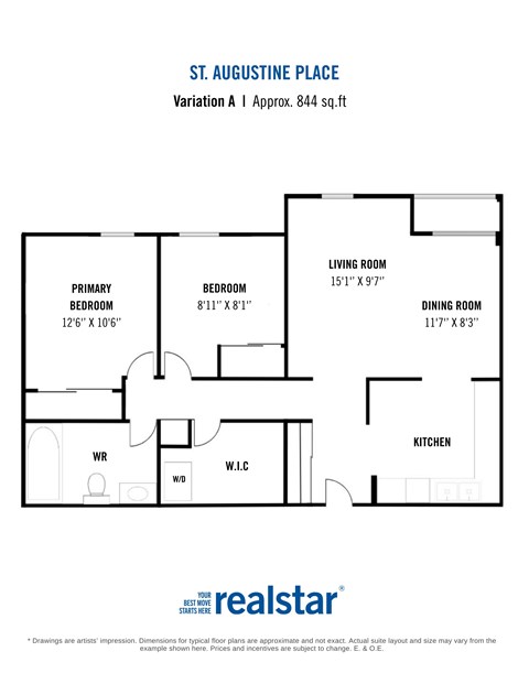 Floor plan for 2 beds, 1 bath, 844 sqft