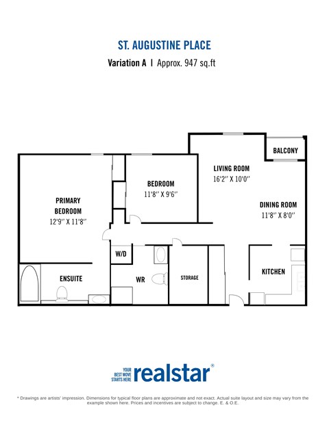 Floor plan for 2 beds, 2 baths, 947 sqft