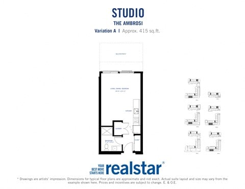 Floor plan for studio, 1 bath, 416 sqft