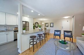 Barrie apartment for rent - Sunnidale Place Open concept living room connected to the kitchen and dining area in Barrie, ON