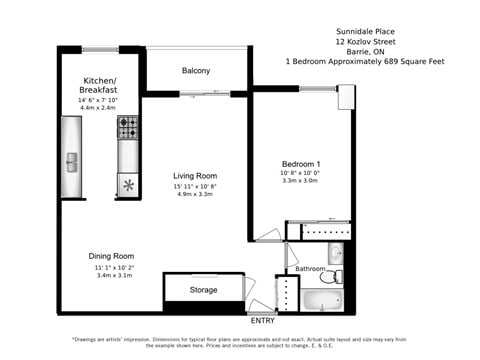 Floor plan for 1 bed, 1 bath, 689 sqft