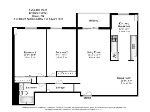Floor plan for 2 beds, 1 bath, 918 sqft
