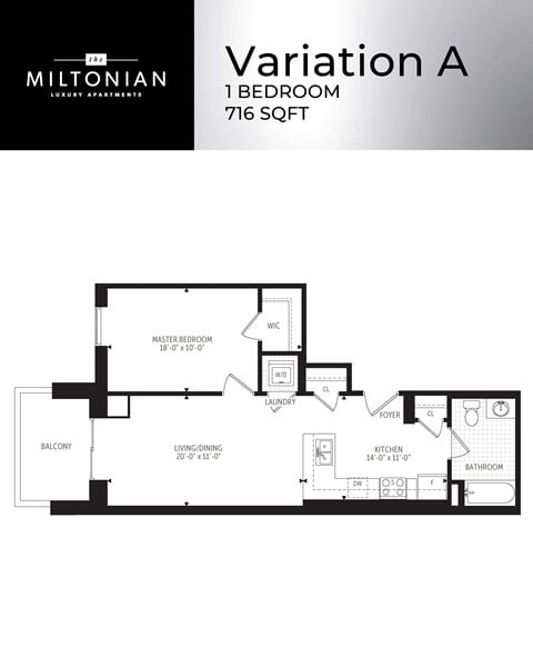 Floor plan for 1 bed, 1 bath, 716 sqft