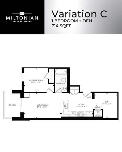 Floor plan for 1 bed, 1 bath, 714 sqft