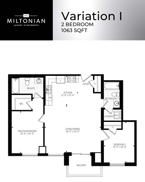 Floor plan for 2 beds, 2 baths, 1063 sqft