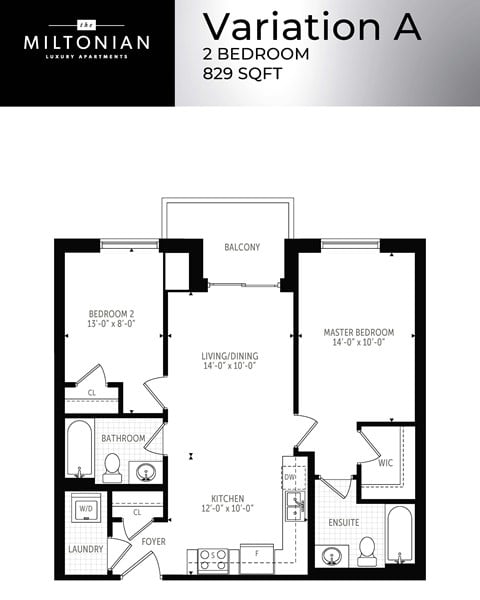 Floor plan for 2 beds, 2 baths, 829 sqft