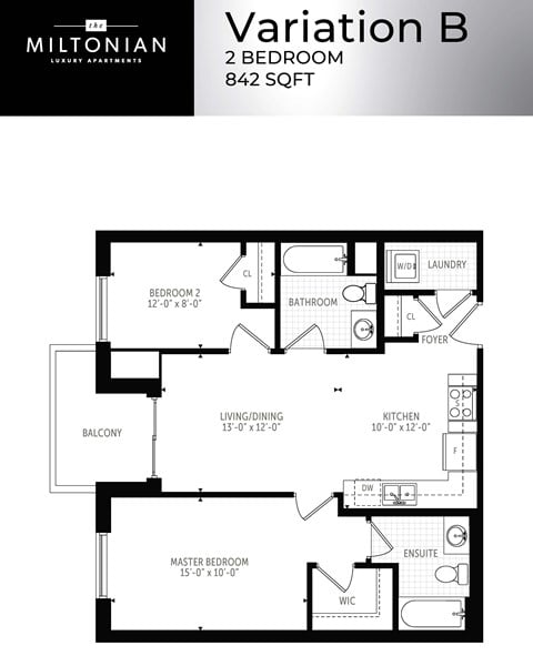 Floor plan for 2 beds, 2 baths, 842 sqft