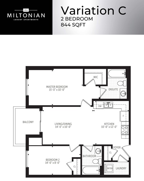 Floor plan for 2 beds, 2 baths, 844 sqft