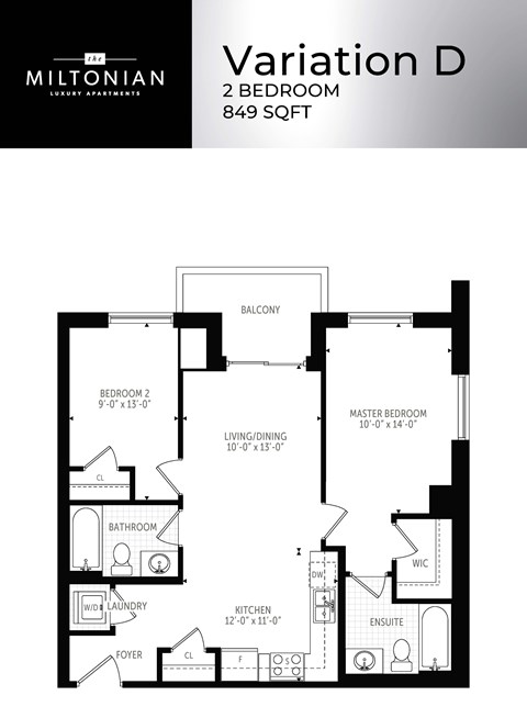 Floor plan for 2 beds, 2 baths, 849 sqft