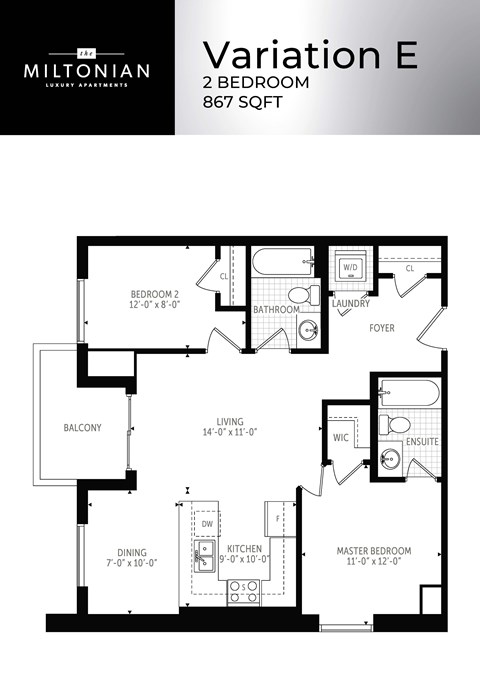 Floor plan for 2 beds, 2 baths, 867 sqft