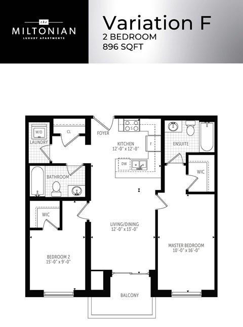Floor plan for 2 beds, 2 baths, 896 sqft