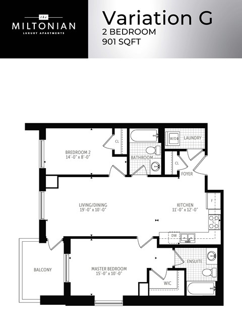 Floor plan for 2 beds, 2 baths, 901 sqft
