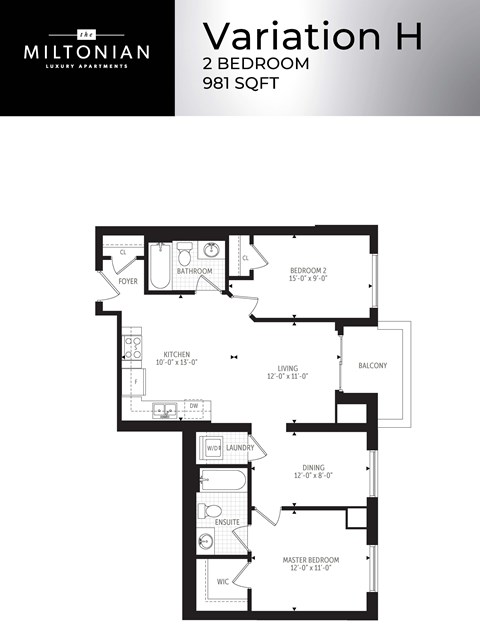 Floor plan for 2 beds, 2 baths, 981 sqft