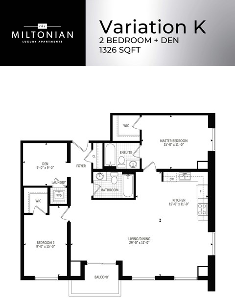 Floor plan for 2 beds, 2 baths, 1326 sqft