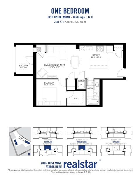 Floor plan for 1 bed, 1 bath, 732 sqft