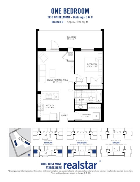 Floor plan for 1 bed, 1 bath, 691 sqft