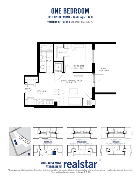 Floor plan for 1 bed, 1 bath, 591 sqft