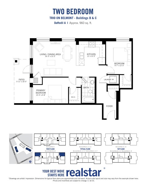 Floor plan for 2 beds, 1 bath, 960 sqft
