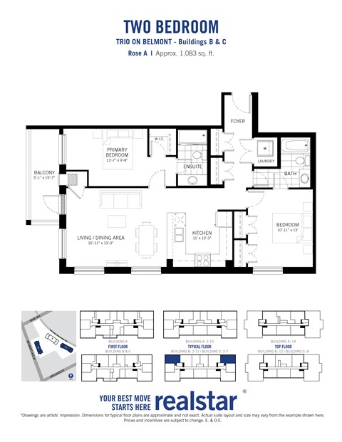 Floor plan for 2 beds, 2 baths, 1083 sqft