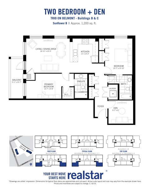 Floor plan for 2 beds, 2 baths, 1200 sqft