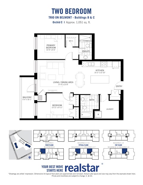Floor plan for 2 beds, 2 baths, 1051 sqft