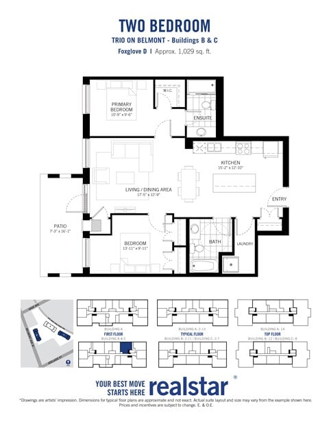 Floor plan for 2 beds, 2 baths, 1029 sqft
