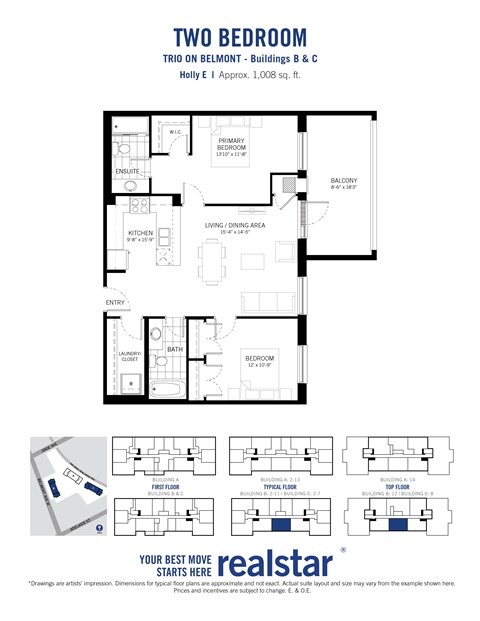 Floor plan for 2 beds, 2 baths, 1008 sqft