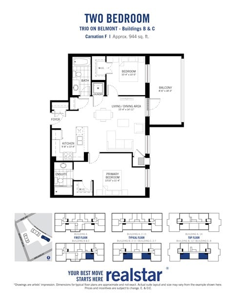 Floor plan for 2 beds, 2 baths, 944 sqft