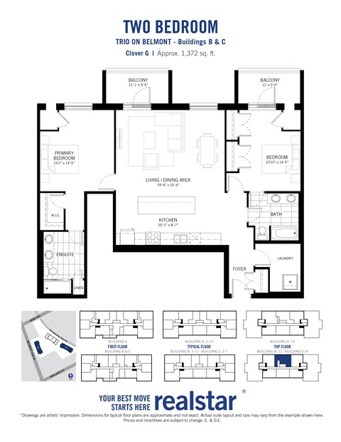 Floor plan for 2 beds, 2 baths, 1372 sqft