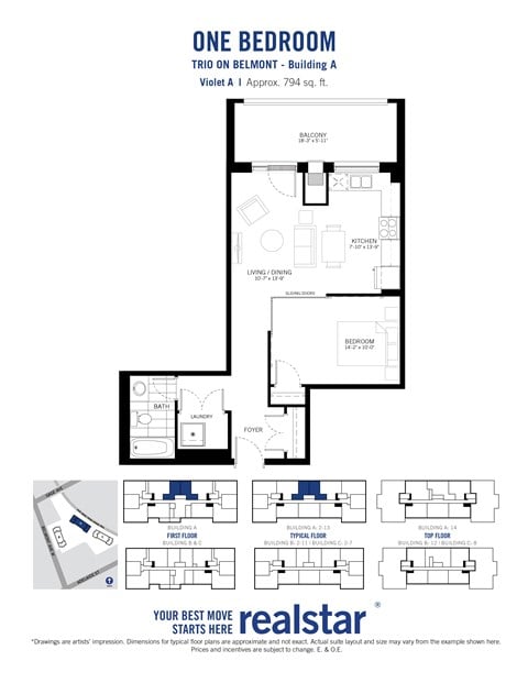 Floor plan for 1 bed, 1 bath, 794 sqft