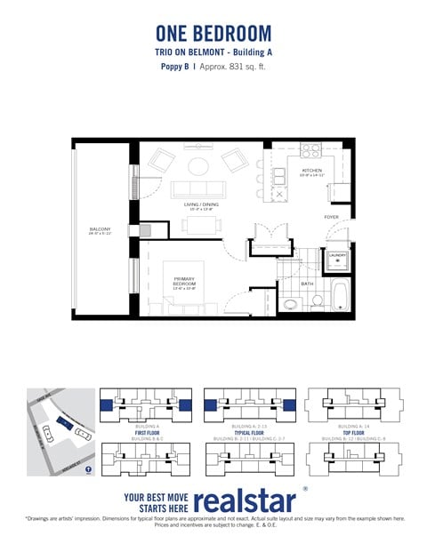 Floor plan for 1 bed, 1 bath, 831 sqft