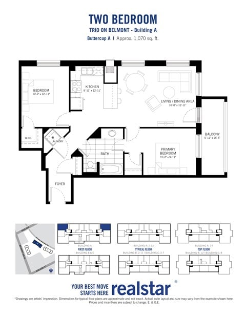 Floor plan for 2 beds, 1 bath, 1070 sqft