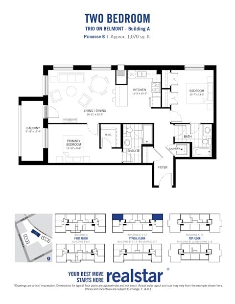 Floor plan for 2 beds, 2 baths, 1070 sqft