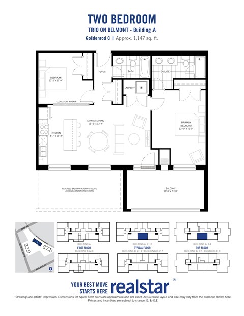 Floor plan for 2 beds, 2 baths, 1147 sqft