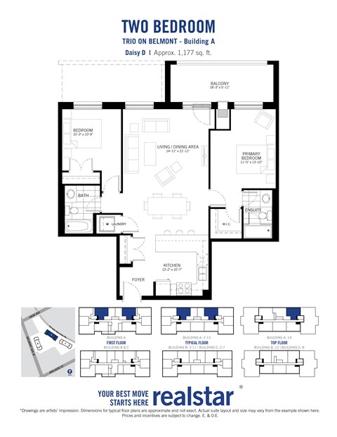 Floor plan for 2 beds, 2 baths, 1177 sqft
