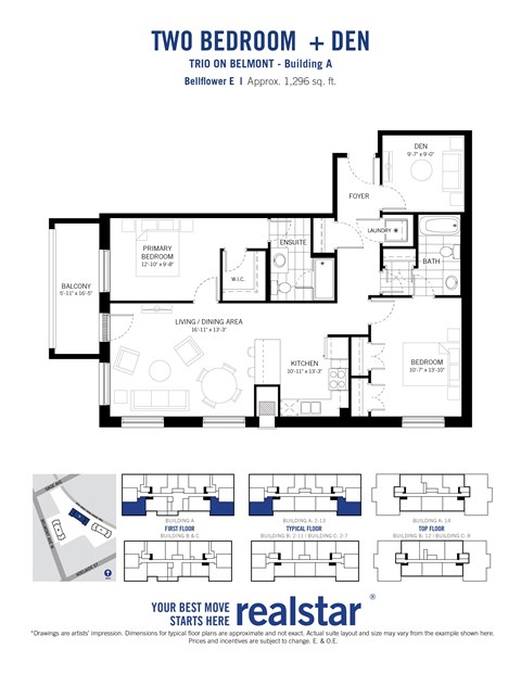 Floor plan for 2 beds, 2 baths, 1296 sqft