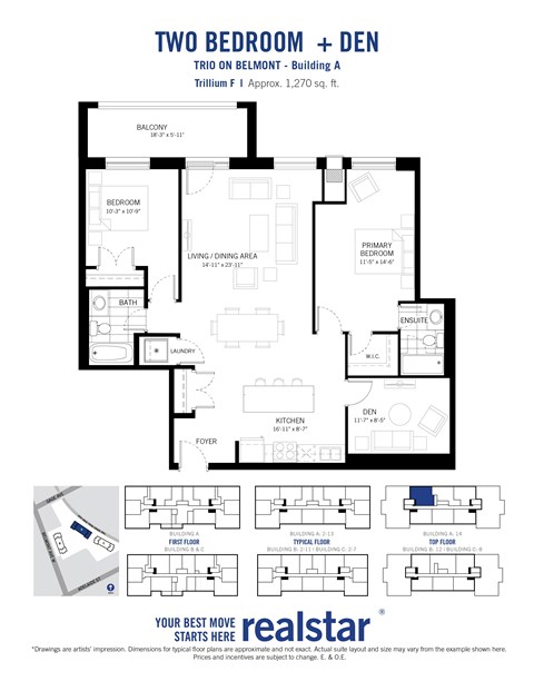 Floor plan for 2 beds, 2 baths, 1270 sqft
