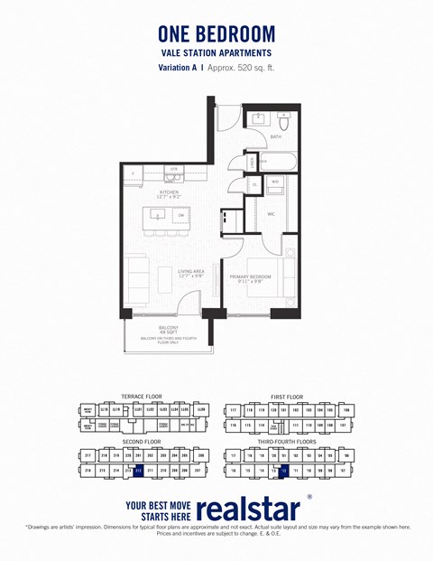 Floor plan for 1 bed, 1 bath, 520 sqft