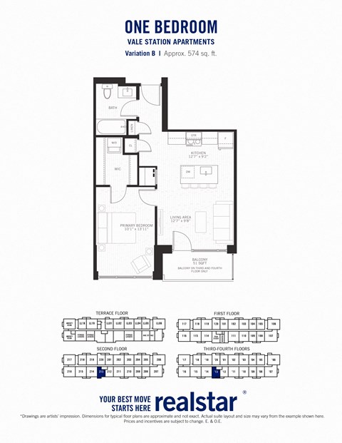 Floor plan for 1 bed, 1 bath, 574 sqft