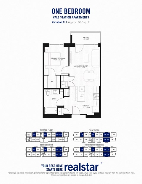 Floor plan for 1 bed, 1 bath, 607 sqft