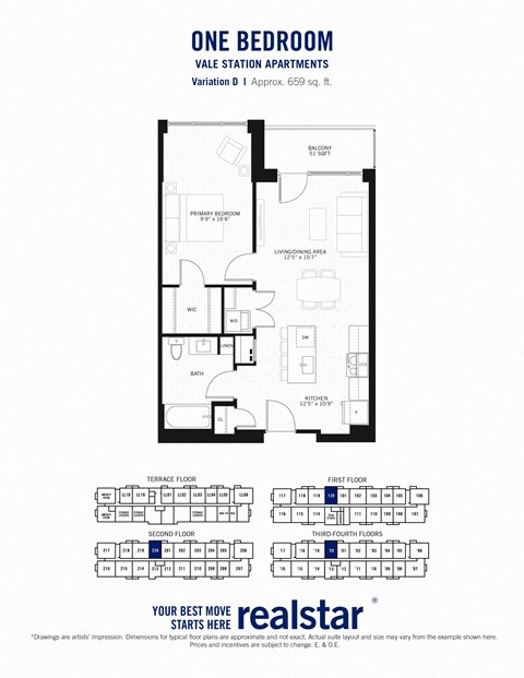 Floor plan for 1 bed, 1 bath, 659 sqft