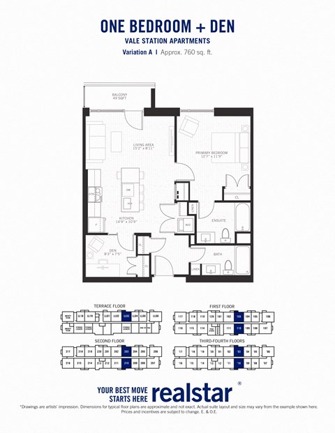 Floor plan for 1 bed, 2 baths, 760 sqft