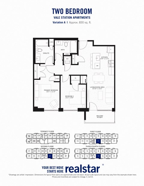 Floor plan for 2 beds, 2 baths, 830 sqft