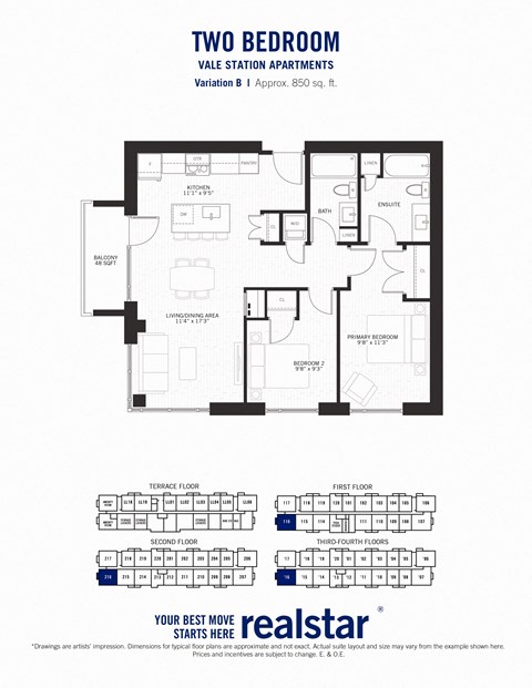 Floor plan for 2 beds, 2 baths, 850 sqft
